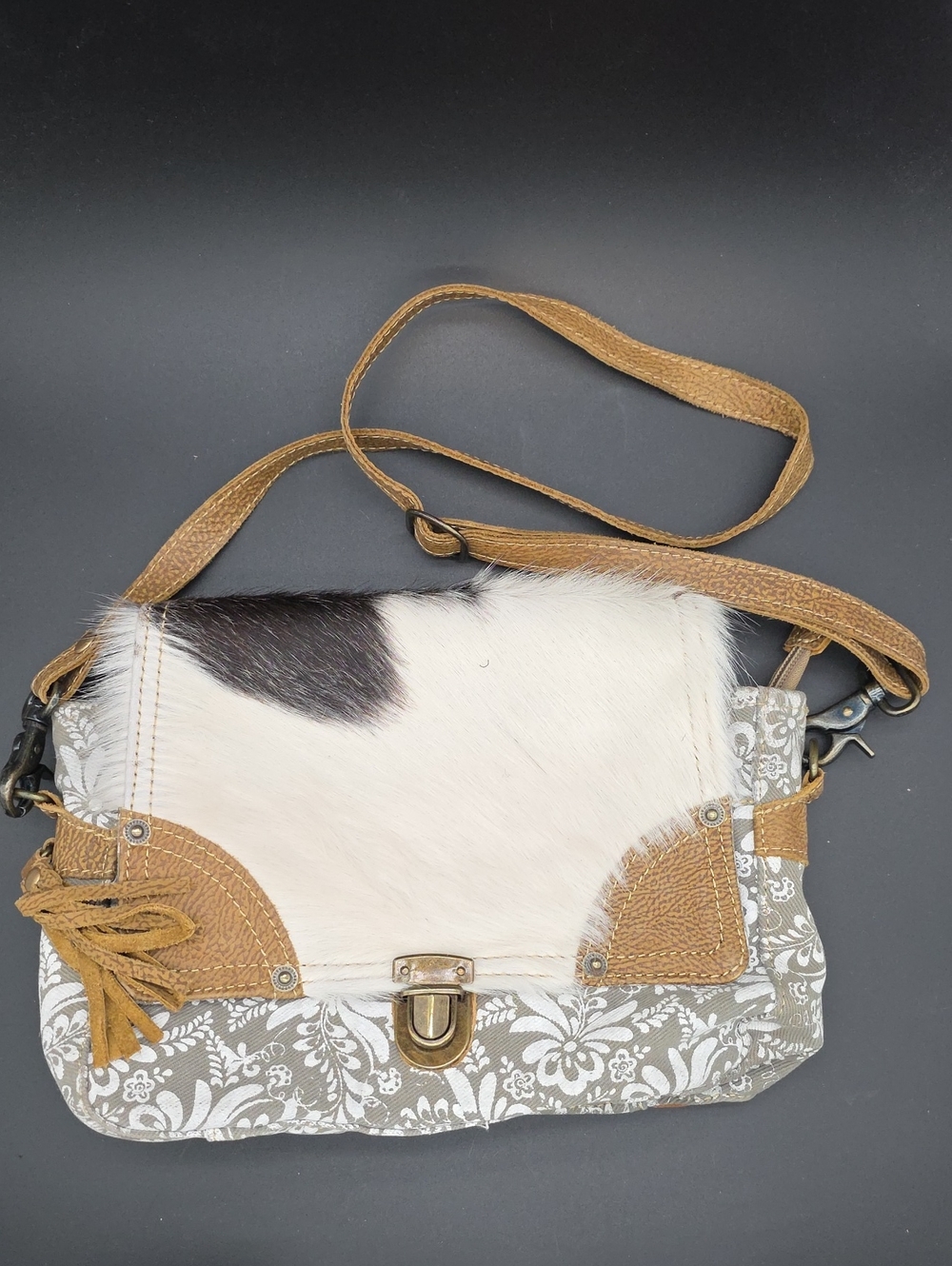 Myra Bag Boho Patchwork Cowhide Canvas Crossbody Bag in White and Brown